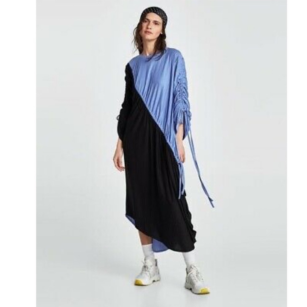Zara Two Tone Asymmetric Drawstring Midi Dress